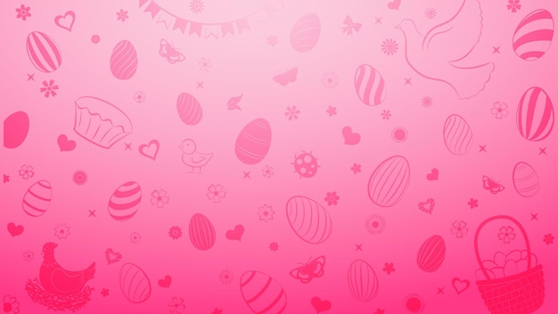 Fundo de ovos flores bolos lebre galinha e outros símbolos da páscoa em cores rosa Vetor Premium