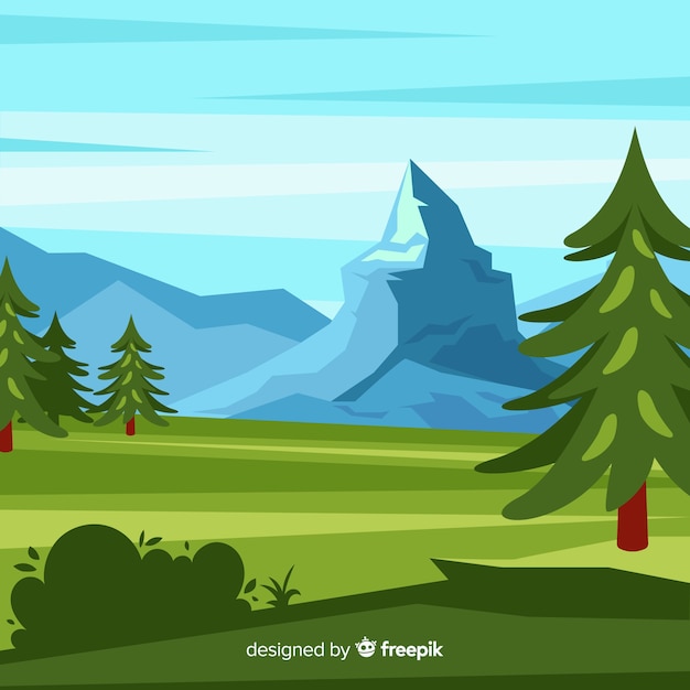 Vetor grátis fundo de paisagem com árvores e montanhas