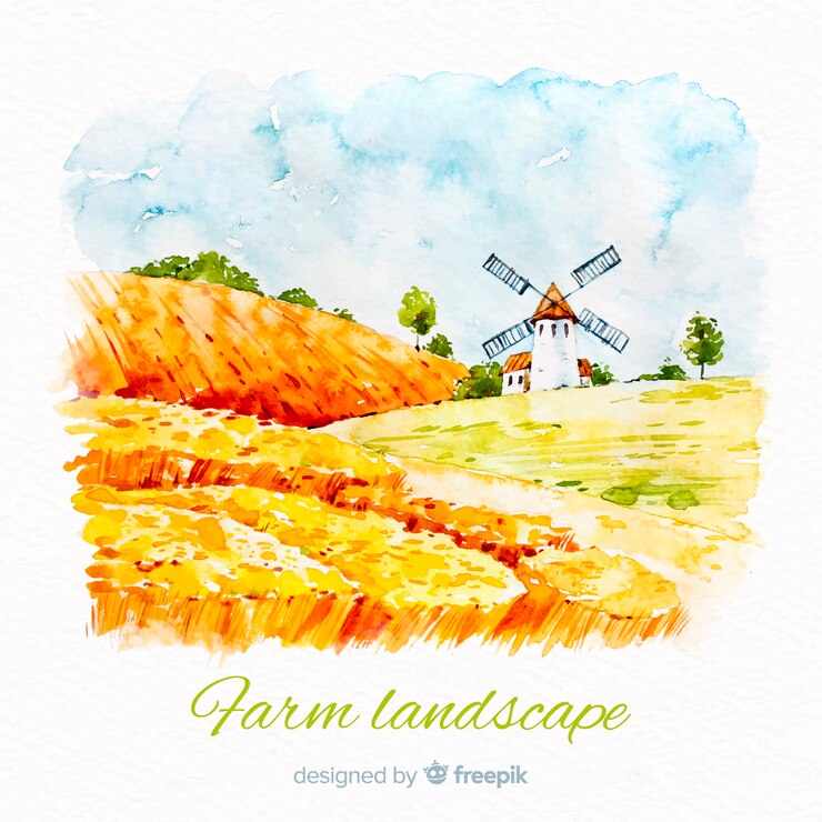 Vetor grátis fundo de paisagem de fazenda em aquarela