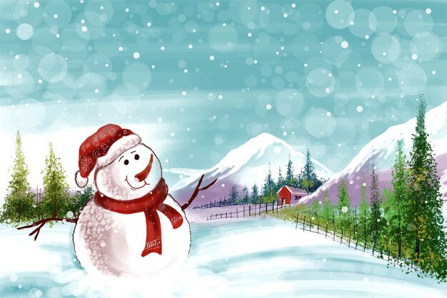 Fundo de paisagem de inverno de ano novo e árvore de natal com design de cartão de boneco de neve