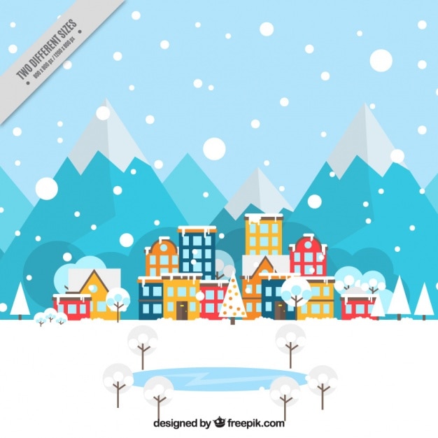 Fundo de paisagem de neve, com casas coloredl em design plano