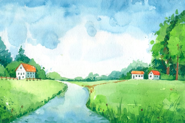 Vetor grátis fundo de paisagem rural em aquarela