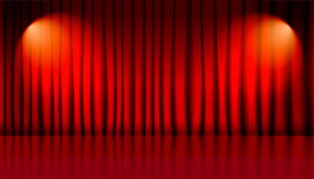 Fundo de palco de teatro com cortinas vermelhas e luzes