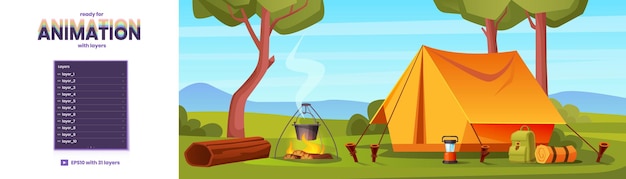 Fundo de paralaxe com acampamento de verão com tenda