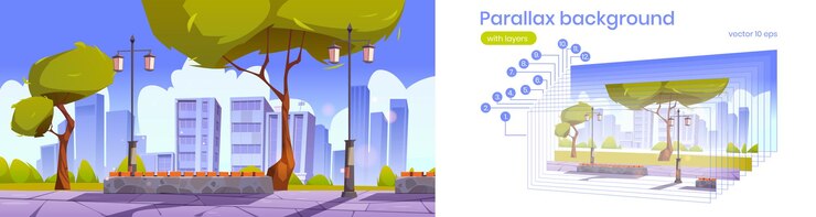 Vetor grátis fundo de paralaxe com parque da cidade com banco
