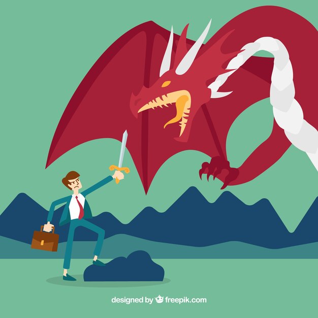 Fundo, de, personagem negócio, luta, com, dragão