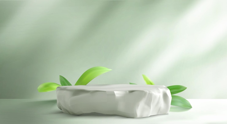 Vetor grátis fundo de plataforma de exibição de produto cosmético de pódio de pedra verde 3d suporte de cuidados de beleza mínimo com folhas de plantas para cenário de apresentação de luxo interior de vitrine de spa de natureza premium com rocha