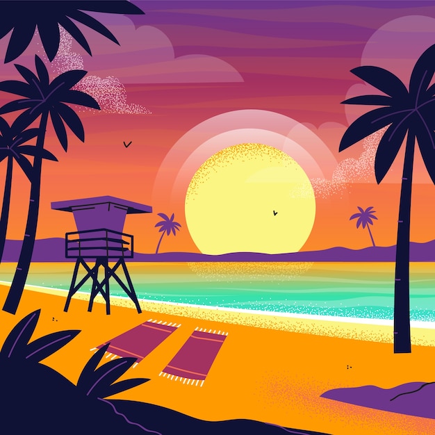 Fundo de pôr-do-sol tropical desenhado à mão