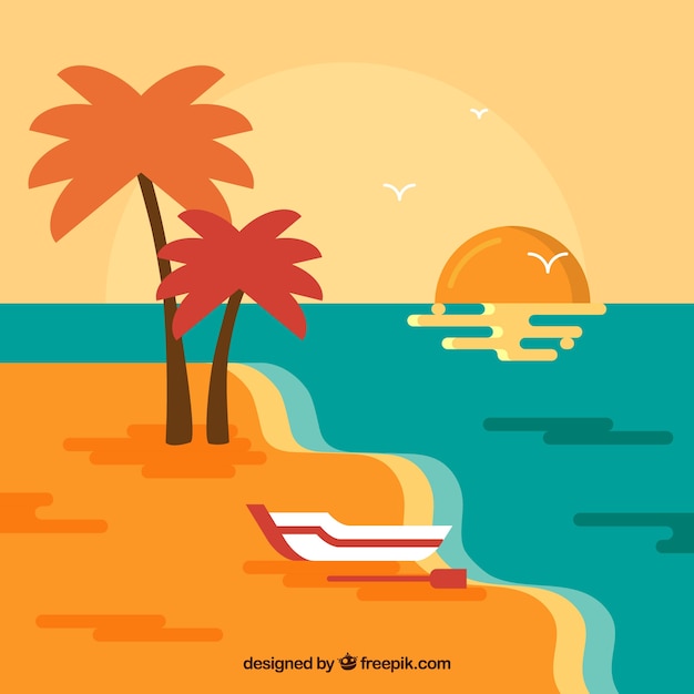 Vetor grátis fundo de praia tropical com pôr do sol
