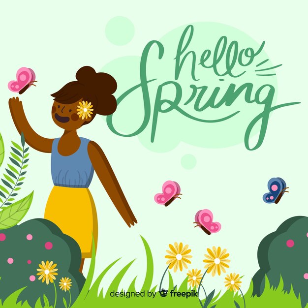 Fundo de primavera garota desenhada mão
