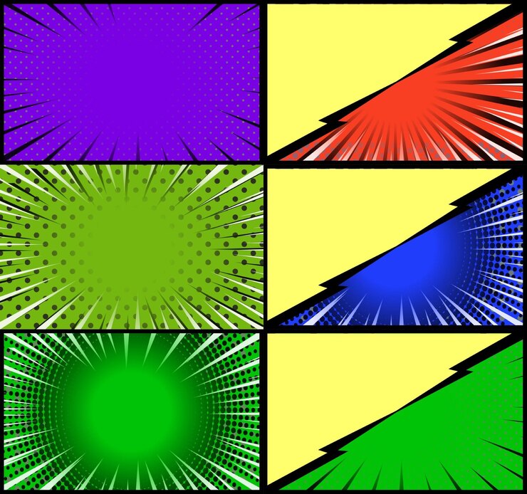 Vetor grátis fundo de quadros coloridos de quadrinhos com meio-tom radial de raios e estilo de arte pop de efeitos pontilhados