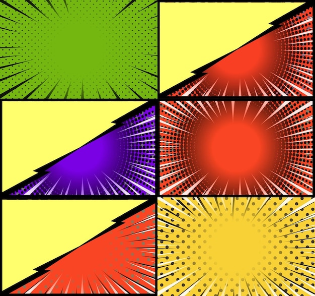Vetor grátis fundo de quadros coloridos de quadrinhos com meio-tom radial de raios e estilo de arte pop de efeitos pontilhados