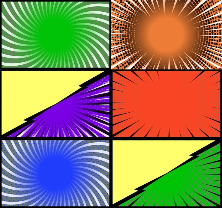 Vetor grátis fundo de quadros coloridos de quadrinhos com meio-tom radial de raios e estilo de arte pop de efeitos pontilhados