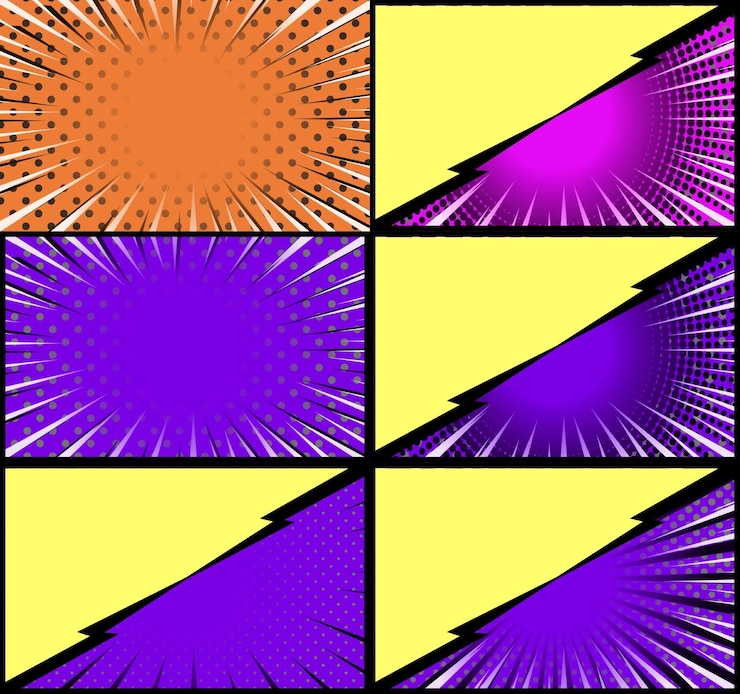 Vetor grátis fundo de quadros coloridos de quadrinhos com meio-tom radial de raios e estilo de arte pop de efeitos pontilhados