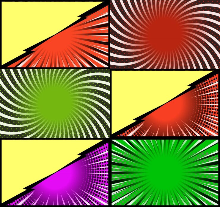 Vetor grátis fundo de quadros coloridos de quadrinhos com meio-tom radial de raios e estilo de arte pop de efeitos pontilhados
