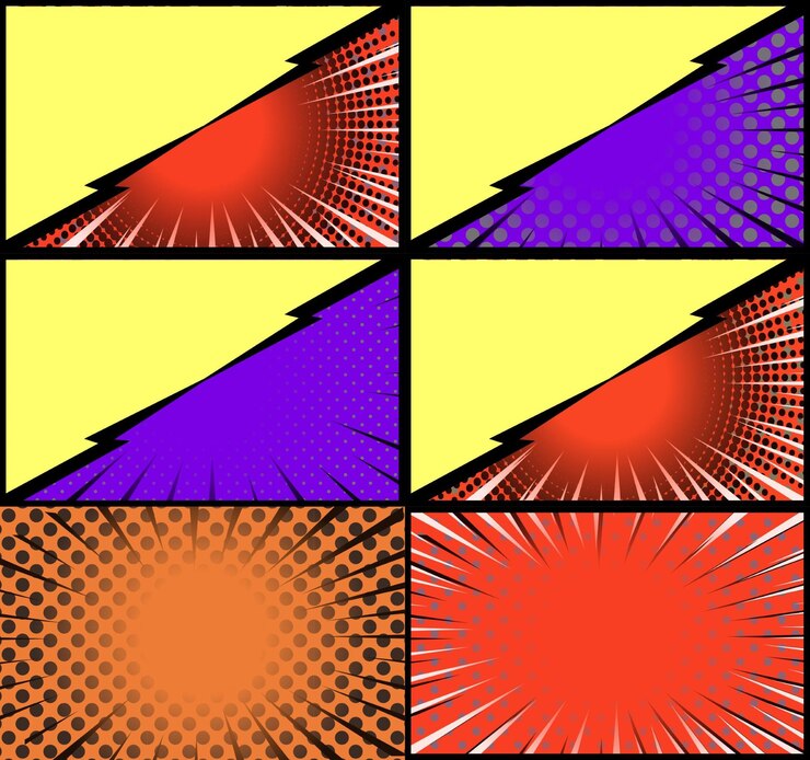 Vetor grátis fundo de quadros coloridos de quadrinhos com raios de meio-tom radiais e efeitos pontilhados estilo pop art