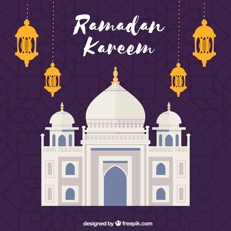 Vetor grátis fundo de ramadã com mesquita e lâmpadas em estilo simples