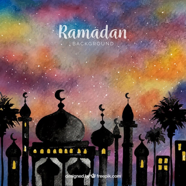 Vetor grátis fundo de ramadã com mesquita em estilo aquarela