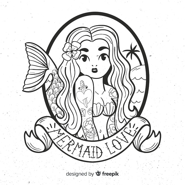 Sereia bonita com cabelo loiro e cauda azul sentada na pedra. mão-extraídas  ilustração dos desenhos animados. isolado no branco. modelo para design de  t-shirt, jogos para celular, livro infantil, tatuagem, cartão.