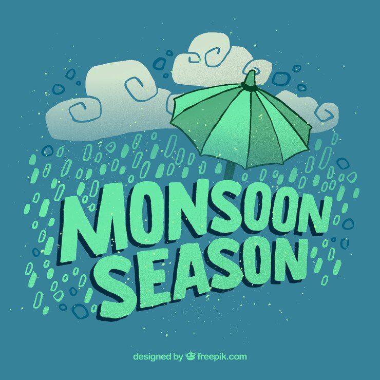 Vetor grátis fundo de temporada de monções com chuva e guarda-chuva