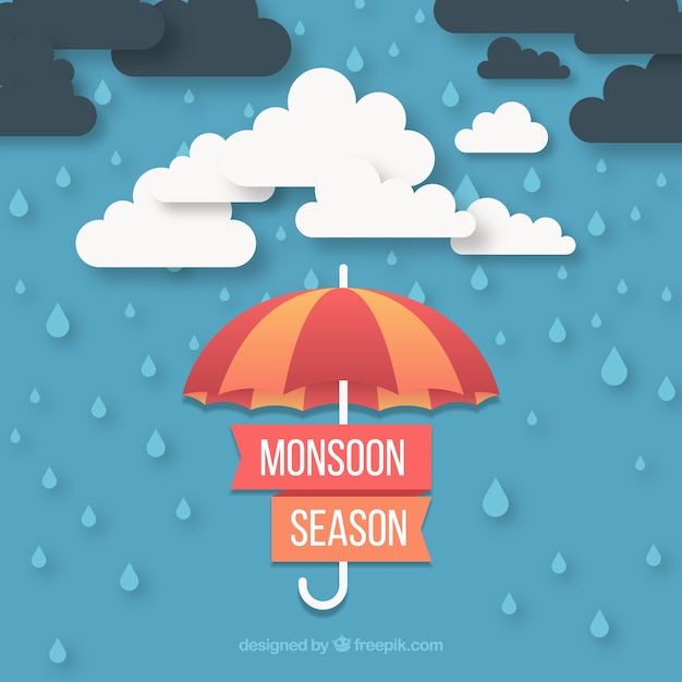 Fundo de temporada de monções com nuvens e guarda-chuva