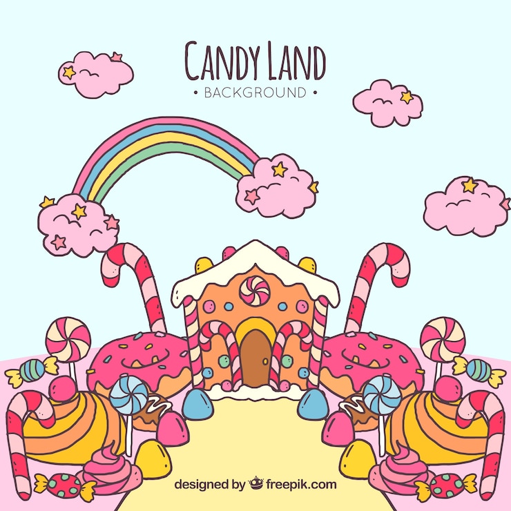 Vetor grátis fundo de terra de doces coloridos na mão desenhada estilo