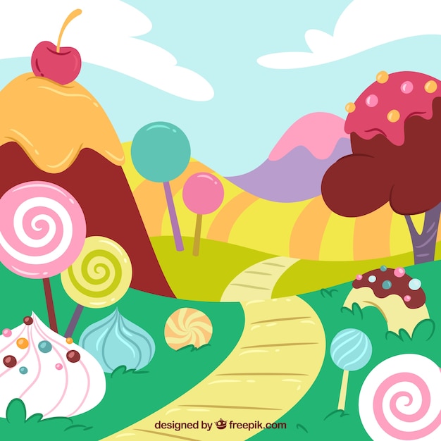 Fundo de terra de doces coloridos na mão desenhada estilo