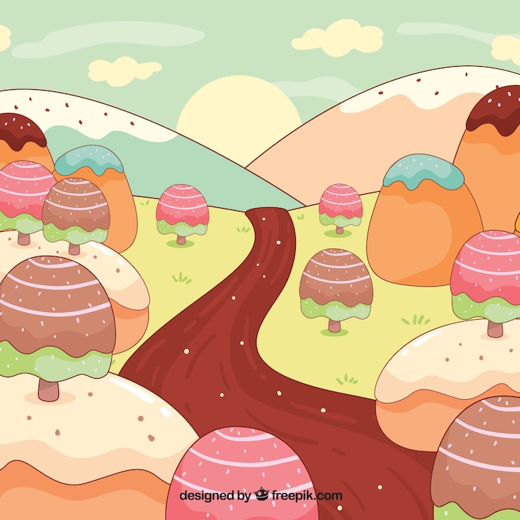 Vetor grátis fundo de terra de doces coloridos na mão desenhada estilo