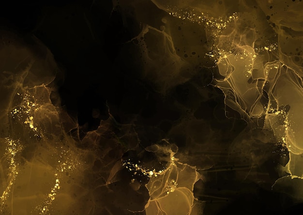 Fundo de tinta de álcool pintado à mão em ouro escuro com glitter dourado