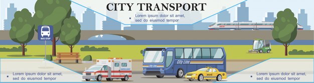 Fundo de transporte de cidade plana com ambulância táxi carros varredora de ônibus e trem movendo-se na ponte