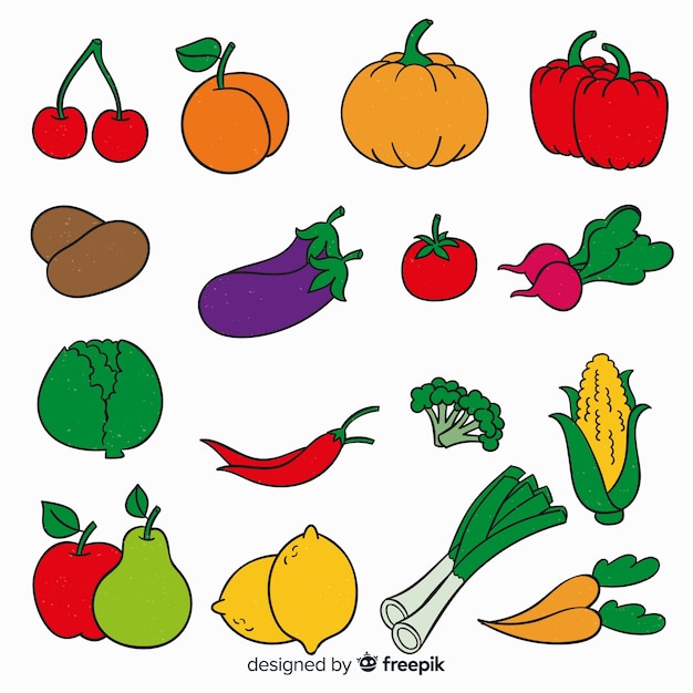 Fundo de vegetais e frutas de mão desenhada