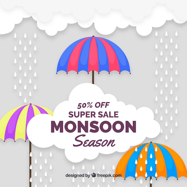 Vetor grátis fundo de venda de temporada de monção com guarda-chuvas