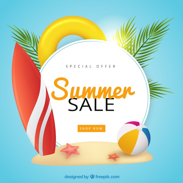 Vetor grátis fundo de venda de verão com elementos de praia realistas