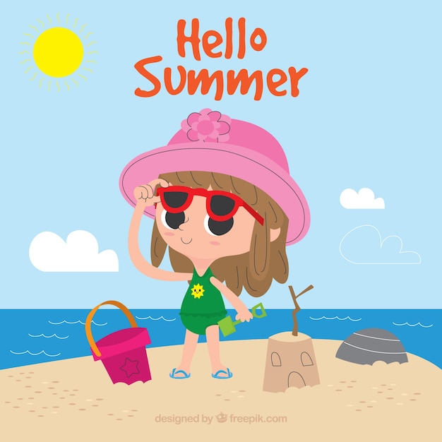 Vetor grátis fundo de verão com garota brincando na praia