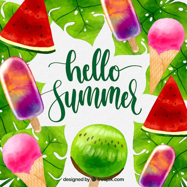 Vetor grátis fundo de verão com sorvetes e frutas em estilo aquarela