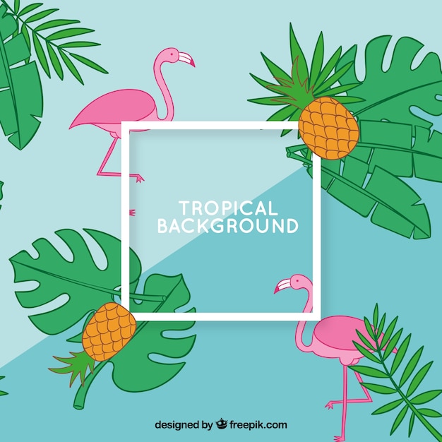 Fundo de verão tropical com flamingos e abacaxis