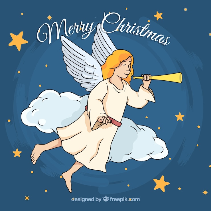 Vetor grátis fundo desenhado à mão com um anjo de natal tocando a flauta