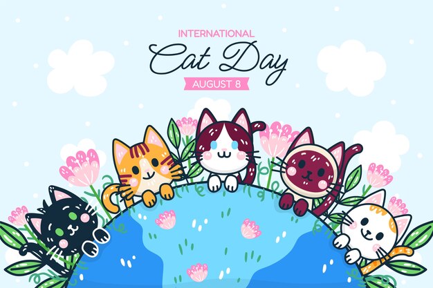 Fundo desenhado à mão do Dia Internacional do Gato