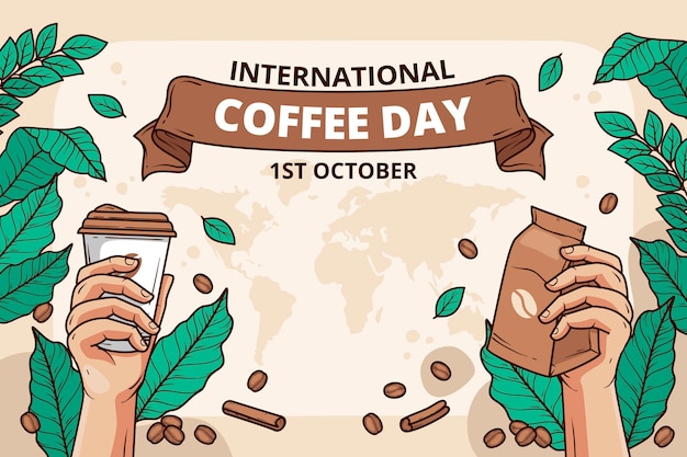 Vetor grátis fundo desenhado à mão para a celebração do dia internacional do café