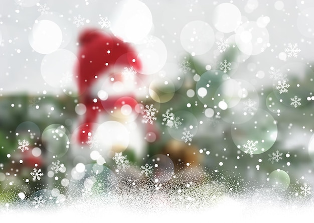 Fundo desfocado de boneco de neve de natal com desenho de floco de neve