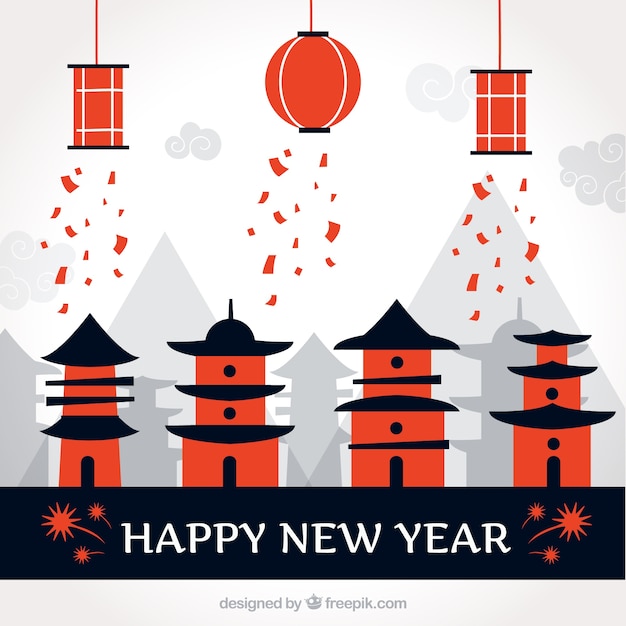 Vetor grátis fundo do ano novo feliz com casas chinês e lanternas
