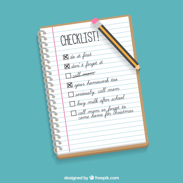 Fundo do caderno com lista de verificação e lápis