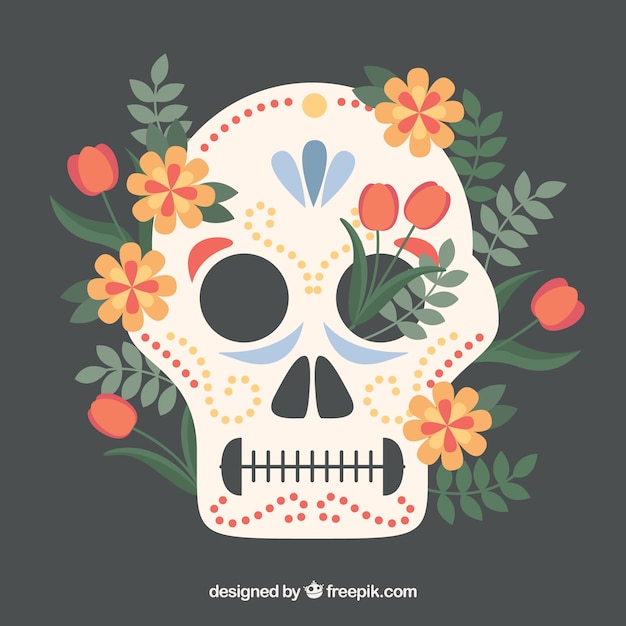 Vetor grátis fundo do crânio mexicano decorativo com elementos naturais