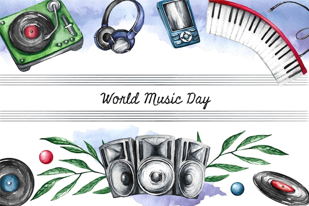 Fundo do dia da música mundial em aquarela com instrumentos