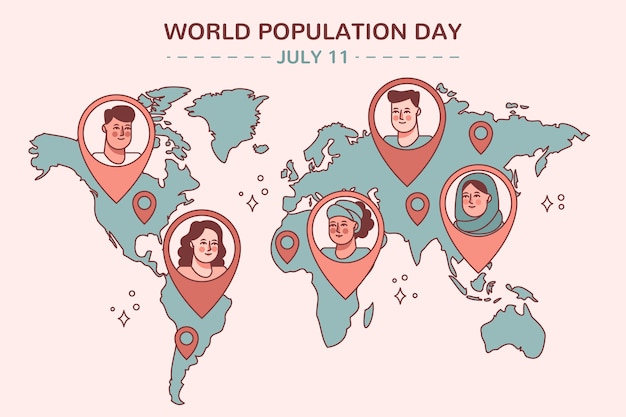 Vetor grátis fundo do dia da população mundial desenhado à mão com mapa do mundo