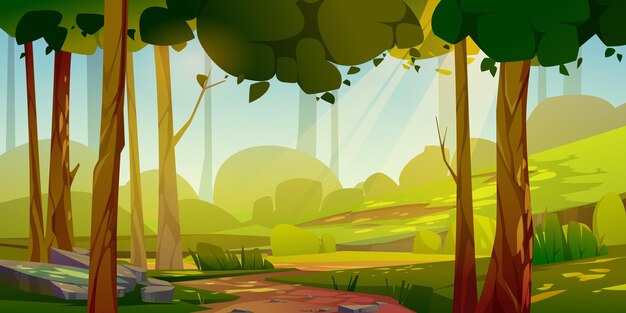 Fundo do dia de verão da paisagem da floresta dos desenhos animados
