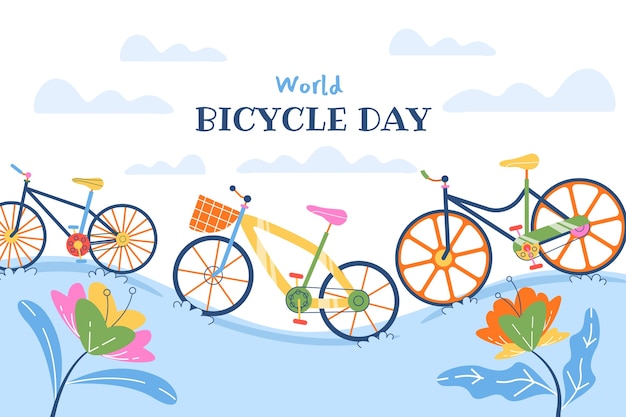 Vetor grátis fundo do dia mundial da bicicleta plana com bicicletas