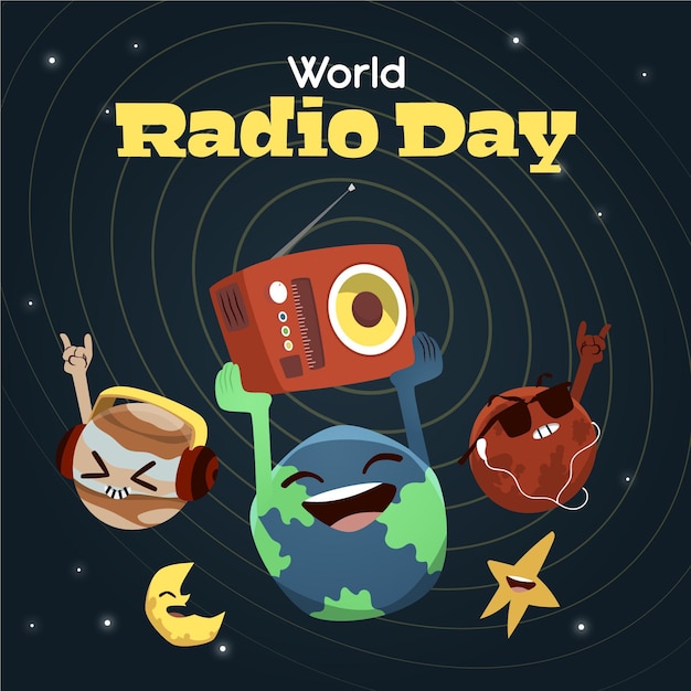 Fundo do dia mundial de rádio desenhado à mão com planetas