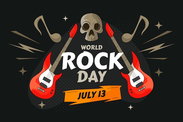 Vetor grátis fundo do dia mundial do rock desenhado à mão com caveira e guitarras