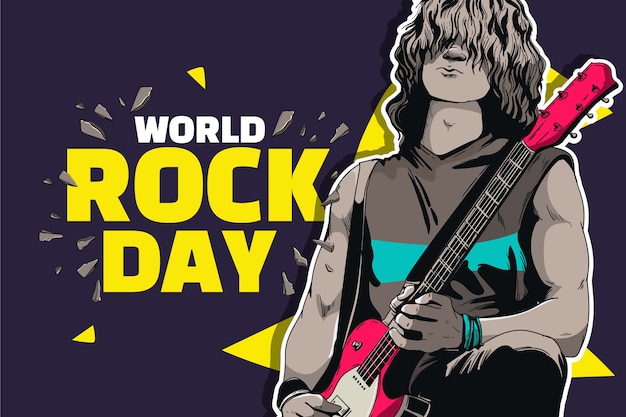 Vetor grátis fundo do dia mundial do rock desenhado à mão com músico masculino